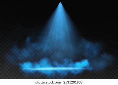 Dark stage on transparent background, white light from spotlight, empty dark stage and studio room with floating smoke. For product demonstrations.	
