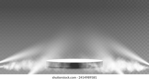 Dunkles Bühnenbild auf transparentem Hintergrund, Neonlicht vom Scheinwerfer, leere dunkle Bühne und Studioraum mit schwimmendem Rauch. Für Produktvorführungen.