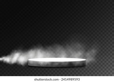 Podio escénico oscuro sobre fondo transparente, luz de neón desde el foco, escenario oscuro vacío y sala de estudio con humo flotante. Para demostraciones de productos.
