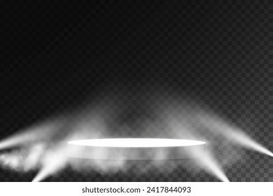 Podio escénico oscuro sobre fondo transparente, luz de neón desde el foco, escenario oscuro vacío y sala de estudio con humo flotante. Para demostraciones de productos.	