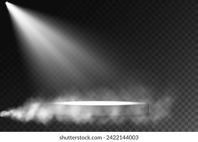 Dark stage podium on transparent background, neon light from spotlight, empty dark stage and studio room with floating smoke. For product demonstrations.

