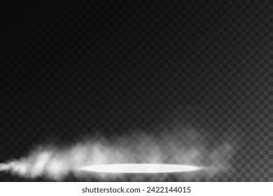 Dunkles Bühnenbild auf transparentem Hintergrund, Neonlicht vom Scheinwerfer, leere dunkle Bühne und Studioraum mit schwimmendem Rauch. Für Produktvorführungen.
