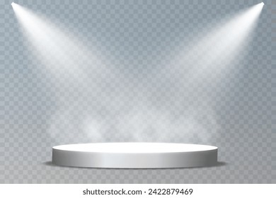 Dark stage podium on transparent background, neon light from spotlight, empty dark stage and studio room with floating smoke. For product demonstrations.	