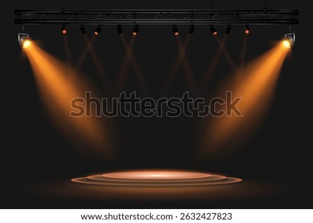 Dark stage with a round podium illuminated with warm orange light. Spotlights on a metal structure and directed to the center of the platform. For a speech or presentation. Vector EPS10 illustration.