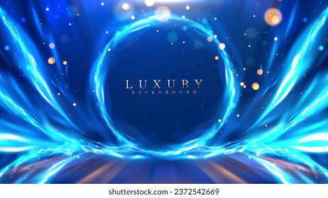 Dark stage scene with flame effects elements with glitter light decorations and bokeh. Luxury blue background.