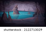 Dark stalagmite cave. Cartoon background with dripping stones indoor colored illustrations exact vector picture template