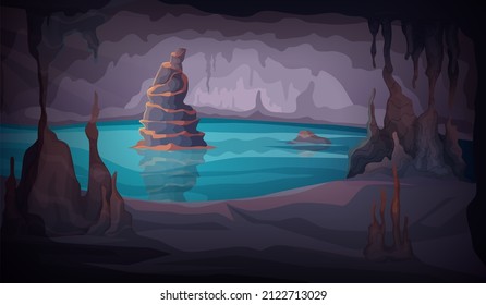 Dark stalagmite cave. Cartoon background with dripping stones indoor colored illustrations exact vector picture template