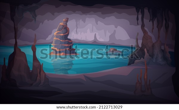 Dark\
stalagmite cave. Cartoon background with dripping stones indoor\
colored illustrations exact vector picture\
template