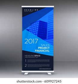 dark standee banner with blue abstract shapes