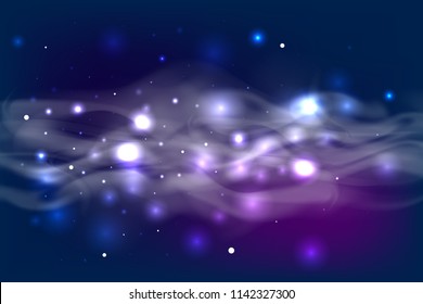 Dark star space bokeh light background. Abstract glow color shiny glitter backdrop. Blurred magic night effect vector festive decoration illustration.