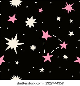 Dark Starry and constellation sky seamless vector hand drawing pattern. Doodles print