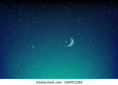 Dark starry night landscape with stars and moon, Night shining starry sky, blue space background with stars, cosmos, vector illustration