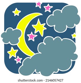 Dark starry night with moon light and clouds. Muslim tradition, baby shower, cosmic astrology. Good night dream for kids. Hand drawn boho retro vintage vector illustration. Old style cartoon drawing.