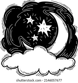 Dark starry night with moon light and clouds. Muslim tradition, baby shower, cosmic astrology. Good night dream for kids. Hand drawn boho retro vintage vector illustration. Old style cartoon drawing.