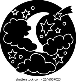 Dark starry night with moon light and clouds. Muslim tradition, baby shower, cosmic astrology. Good night dream for kids. Hand drawn boho retro vintage vector illustration. Old style cartoon drawing.