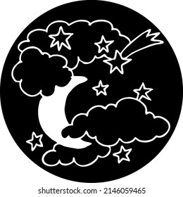 Dark starry night with moon light and clouds. Muslim tradition, baby shower, cosmic astrology. Good night dream for kids. Hand drawn boho retro vintage vector illustration. Old style cartoon drawing.