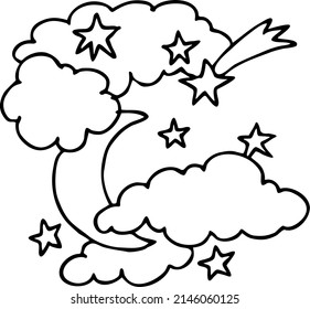 Dark starry night with moon light and clouds. Muslim tradition or baby shower, cosmic astrology. Good night dream for kids. Hand drawn boho vector illustration. Line art cartoon simple drawing.