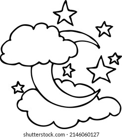 Dark starry night with moon light and clouds. Muslim tradition or baby shower, cosmic astrology. Good night dream for kids. Hand drawn boho vector illustration. Line art cartoon simple drawing.
