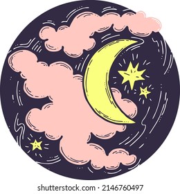 Dark starry night with moon light and clouds. Muslim tradition or baby shower, cosmic astrology. Good night dream for kids. Hand drawn boho retro vintage vector illustration. Old style cartoon drawing