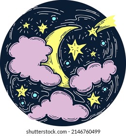 Dark starry night with moon light and clouds. Muslim tradition or baby shower, cosmic astrology. Good night dream for kids. Hand drawn boho retro vintage vector illustration. Old style cartoon drawing
