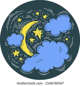 Dark starry night with moon light and clouds. Muslim tradition or baby shower, cosmic astrology. Good night dream for kids. Hand drawn boho retro vintage vector illustration. Old style cartoon drawing
