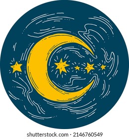 Dark starry night with moon light and clouds. Muslim tradition or baby shower, cosmic astrology. Good night dream for kids. Hand drawn boho retro vintage vector illustration. Old style cartoon drawing