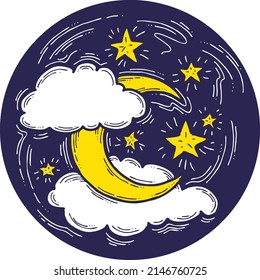 Dark starry night with moon light and clouds. Muslim tradition or baby shower, cosmic astrology. Good night dream for kids. Hand drawn boho retro vintage vector illustration. Old style cartoon drawing