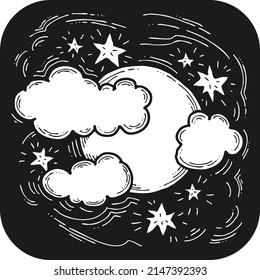 Dark starry night with moon light and clouds. Muslim tradition or baby shower, cosmic astrology. Good night dream for kids. Hand drawn retro vintage vector illustration. Old style cartoon drawing.