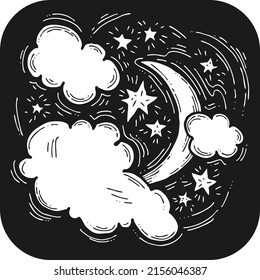 Dark starry night with moon light and clouds. Muslim tradition or baby shower, cosmic astrology. Good night dream for kids. Hand drawn retro vintage vector illustration. Old style cartoon drawing.