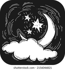 Dark starry night with moon light and clouds. Muslim tradition or baby shower, cosmic astrology. Good night dream for kids. Hand drawn retro vintage vector illustration. Old style cartoon drawing.