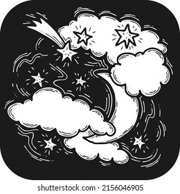 Dark starry night with moon light and clouds. Muslim tradition or baby shower, cosmic astrology. Good night dream for kids. Hand drawn retro vintage vector illustration. Old style cartoon drawing.