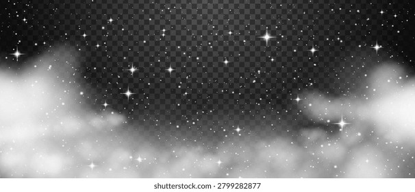 Dark starry night sky cloudy background vector. Realistic deep space cosmic galaxy nebula texture illustration. Midnight milky way astronomy starfield glow overlay.