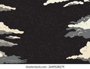 a dark, starry night sky framed by stylized, layered clouds in muted tone. abstract flat design for background wallpaper
