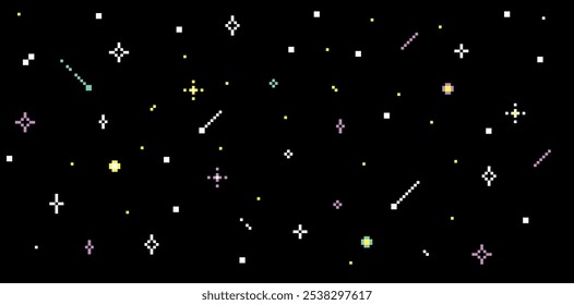 Dark starry sky background. Pixel art. Night sky texture. Sparkling star. Universe. 8 bit retro style. Black background. Game abstract pixel pattern. Mood of 90's aesthetics. Simple geometric shapes