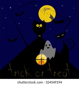 Dark starry sky, big moon, owl sitting on roof, pumpkin with creepy face in round window with spiders, zombie hands, spider hanging on it, flying bats, cat sitting on chimney, lettering trick or treat
