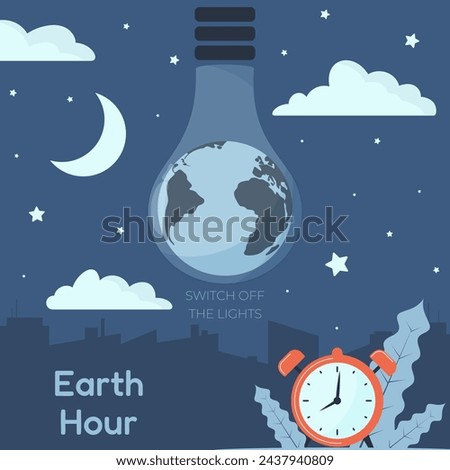 dark starry sky with clouds and electric lamp stylized like earth globe, night city silhouette and red alarm clock