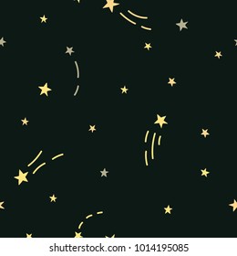 Dark starry sky hand drawing vector seamless pattern. Stars with a trace after them
