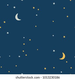 Dark starry sky and moon hand drawing vector seamless pattern. Texture for textile, scrapbook, wrapping paper.