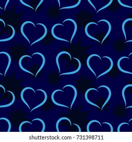 Dark stars on a blue background. Valentine's Day, the human heart, love Background texture.  Endless abstract pattern.