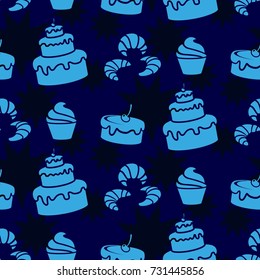 Dark stars on a blue background. Pattern. Background texture of cakes, ice cream, coffee, croissant.
