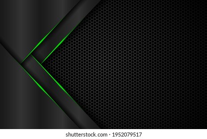 Dark steel mesh abstract background with green glowing lines with space for design. Modern technology innovation concept background