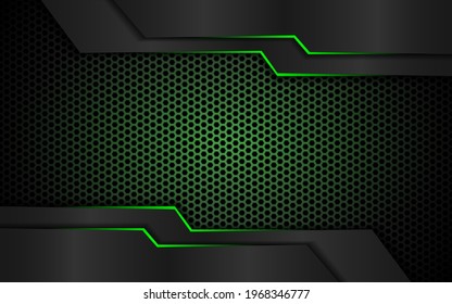 Dark steel mesh abstract background with green glowing lines with space for design. Modern technology innovation concept background