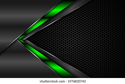 Dark steel mesh abstract background with green glowing lines with space for design. Modern technology innovation concept background