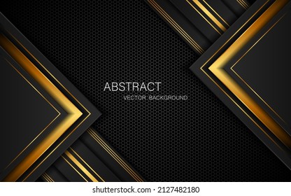 Dark steel mesh abstract background with black and gold polygon shapes. Free space for design. modern technology innovation concept background
