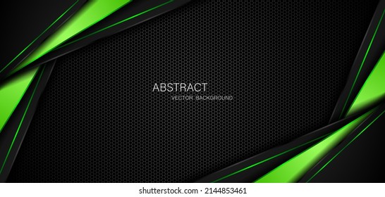 Dark steel mesh abstract background with black and green polygon shapes, free space for design. modern technology innovation concept background

