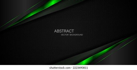 Dark steel mesh abstract background with black and green polygon shapes, free space for design. modern technology innovation concept background	