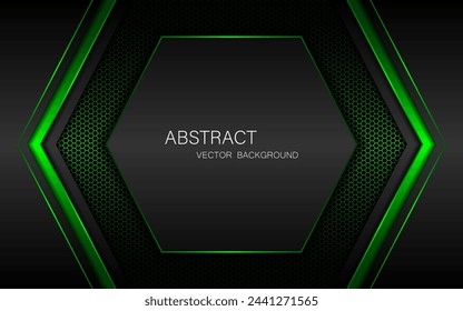 Fondo abstracto de malla de acero oscuro con formas de polígono negro y verde, espacio libre para el diseño.