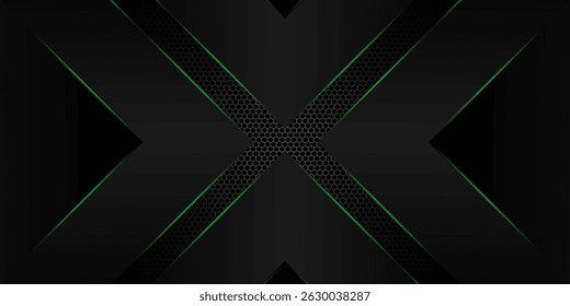 Dark steel mesh abstract background with green glowing lines with space for design. Modern technology innovation concept background