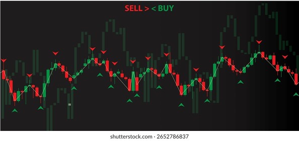 Dark Stock Market Chart with Red and Green Candlestick Patterns, High-Low Wicks, Buy and Sell Signal Triangles, Financial Data, Analysis, and Trading Visualization