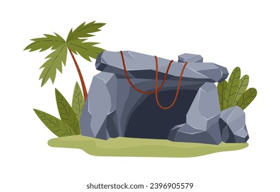 Dark stone cave entrance around big leaves and palm tree flat style, vector illustration isolated on white background. Decorative design element, nature, travel and discovery